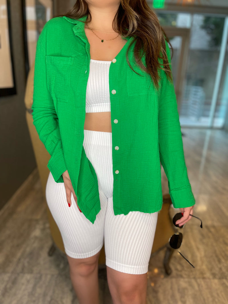 Take it Easy Green Button Up