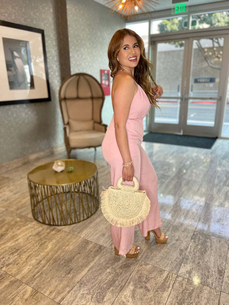 Tie Me Up Pink Linen Jumpsuit