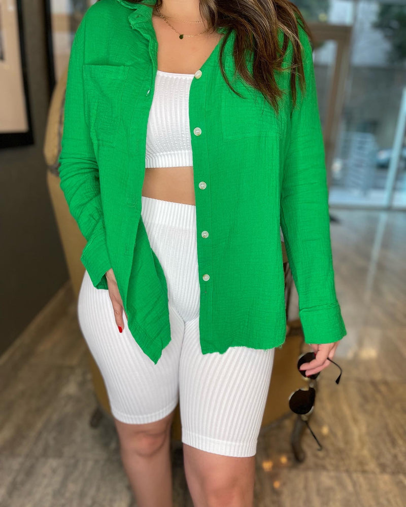 Take it Easy Green Button Up
